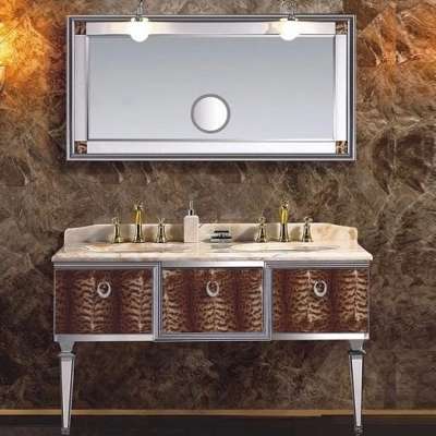 double wash basin Leopard print color  marble  basin stainless steel bathroom cabinet