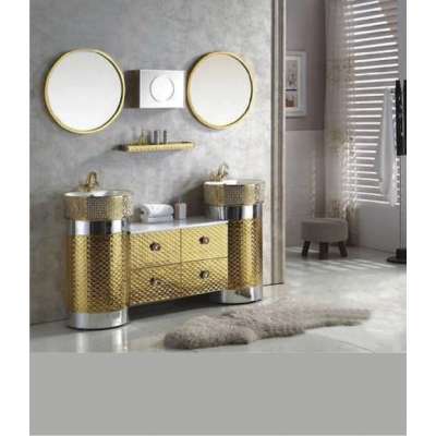 Large size golden luxury double  basin stainless steel bathroom cabinet vanity with double stainless steel frame round mirror